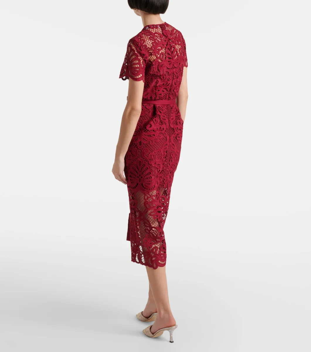 Self-Portrait Red Guipure Lace Gold Button Detail Midi Dress - Imagen 4