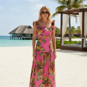 Borgo De Nor Pink Tropical Jazz Printed Cotton Crop Top