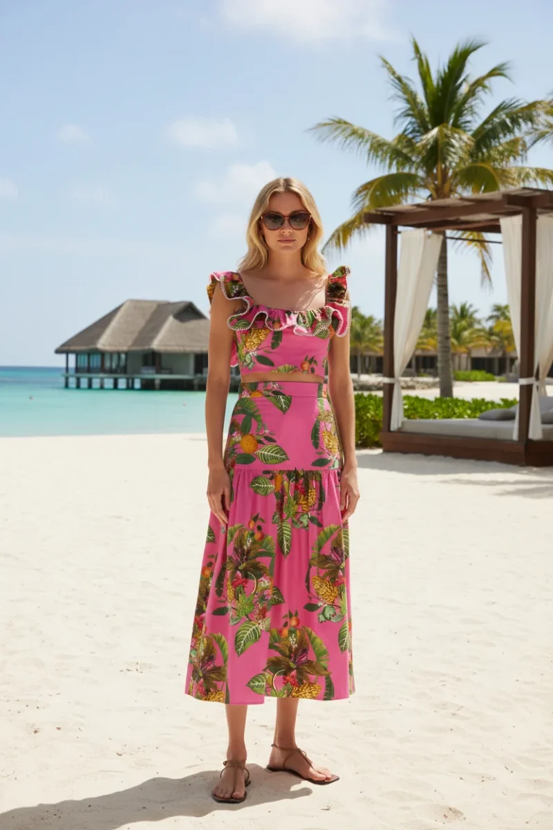 Borgo De Nor Pink Tropical Jazz Printed Cotton Crop Top