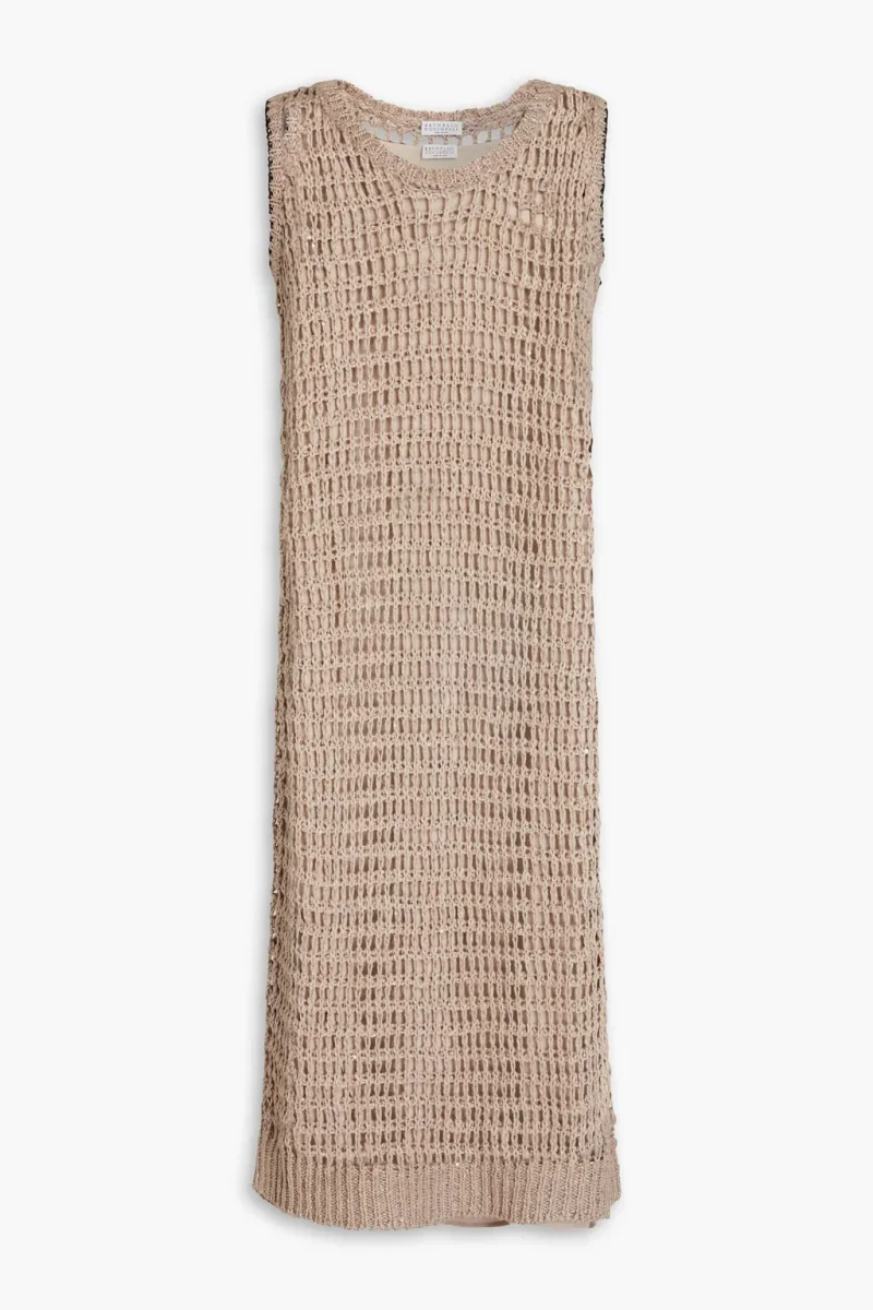Brunello Cucinelli Beige Crochet Open Knit Linen Silk Blend Sleeveless Midi Dress - Imagen 3