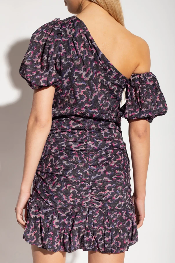 Isabel Marant Etoile Lecia Black Floral Print Ruched Off Shoulder Dress - Imagen 4