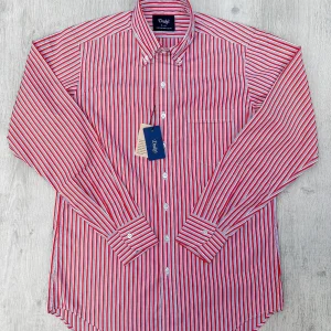 Drake's Red White Cotton Poplin Striped Shirt
