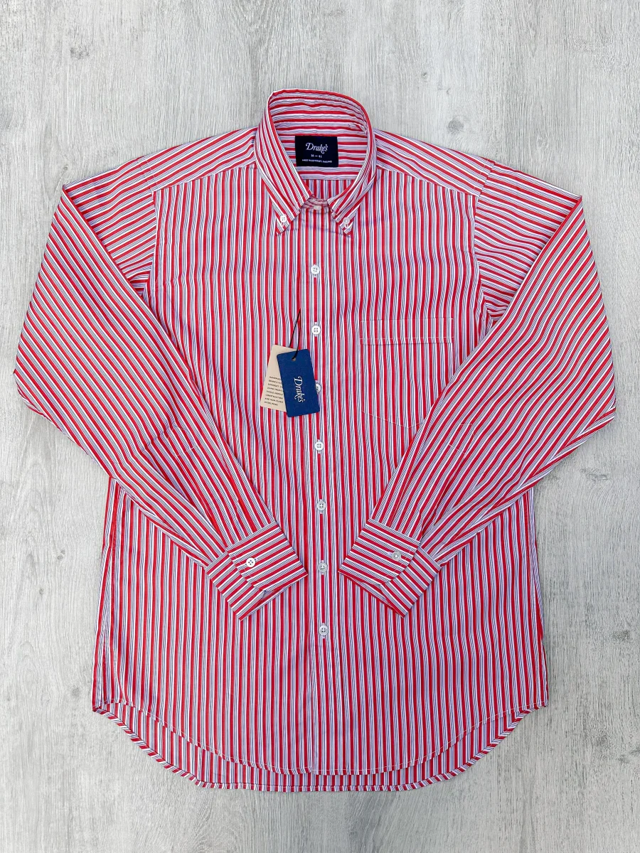 Drake's Red White Cotton Poplin Striped Shirt