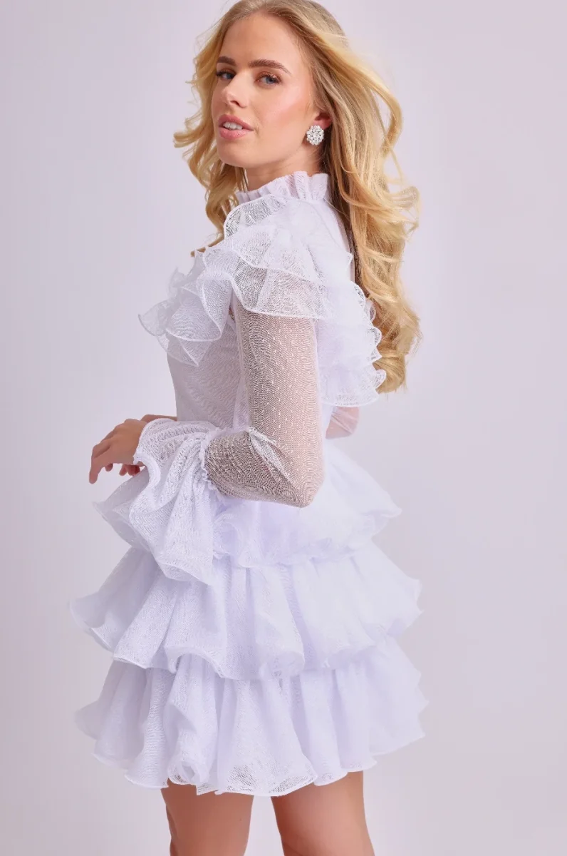 Amy Jane London White Long Sleeve Ruffle Tiered Detail Flared Evalina Mini Dress - Imagen 9