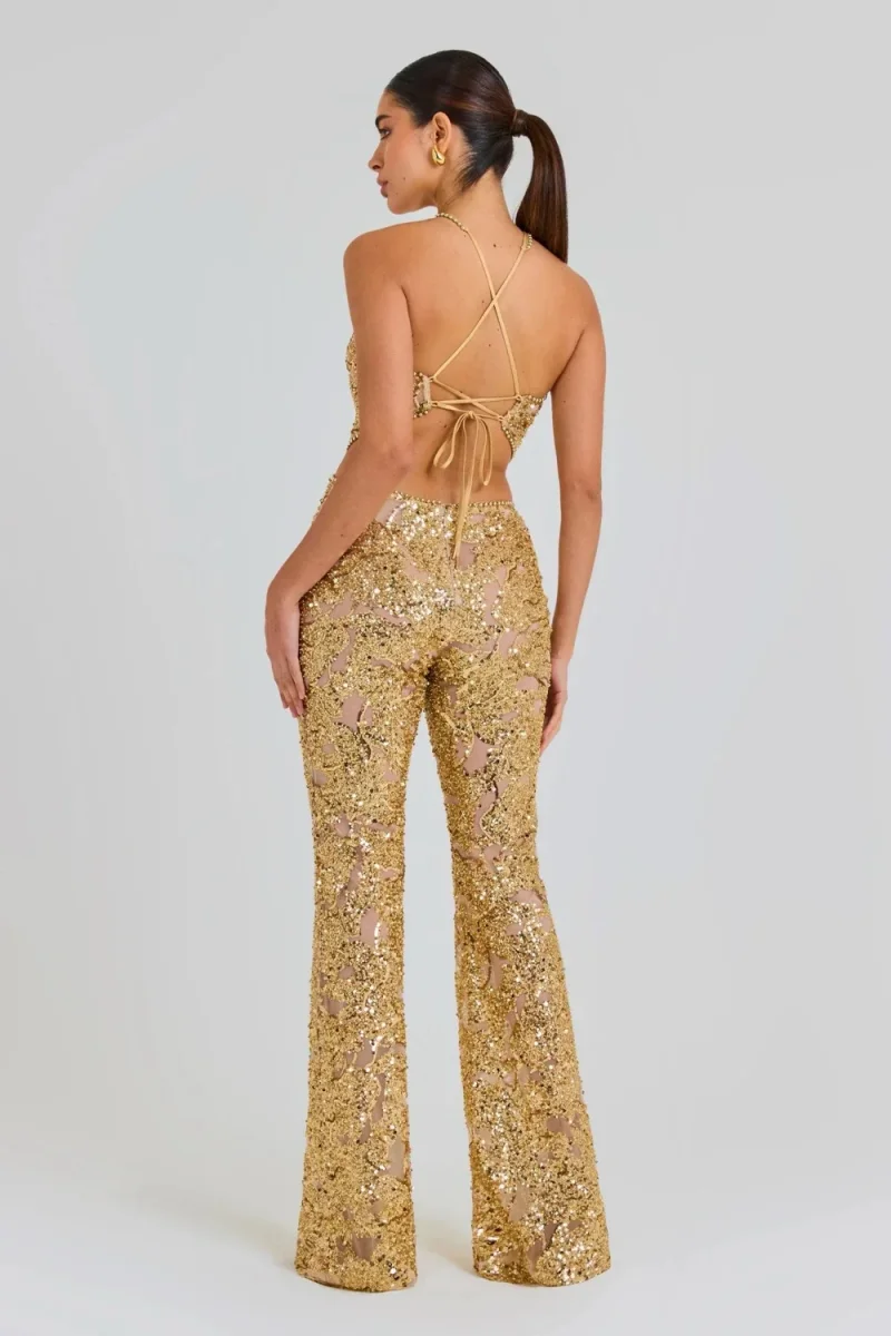 Nadine Merabi Gold Hallie Sequin Embellished Beaded Jumpsuit - Imagen 5