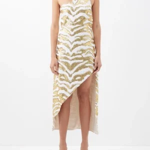 Halpern Tiger Gold White Full Sequinned One Shoulder 70s Disco Party Midi Dress