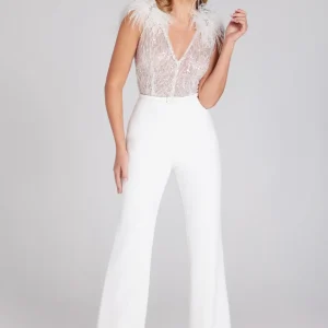 Nadine Merabi White Elissa Embellished Lace Feather Detail Jumpsuit