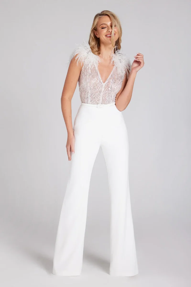 Nadine Merabi White Elissa Embellished Lace Feather Detail Jumpsuit - Imagen 2