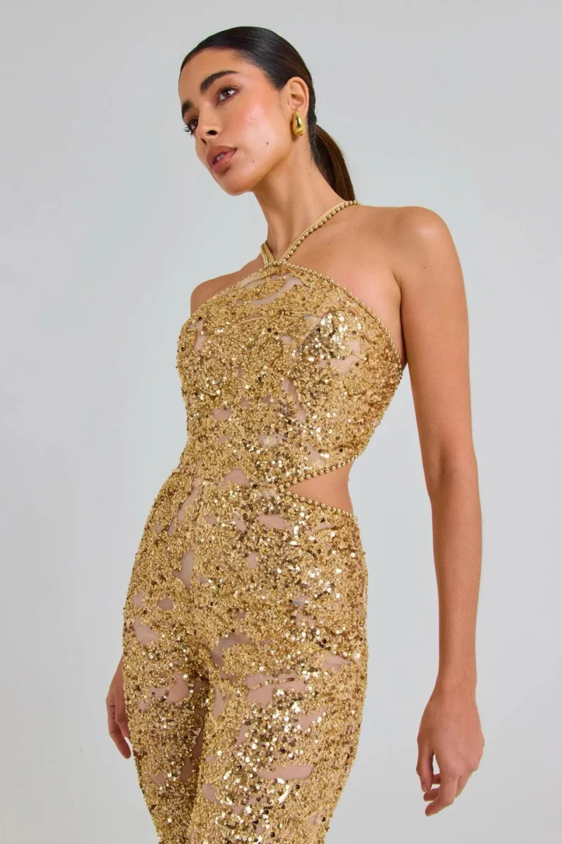 Nadine Merabi Gold Hallie Sequin Embellished Beaded Jumpsuit - Imagen 4