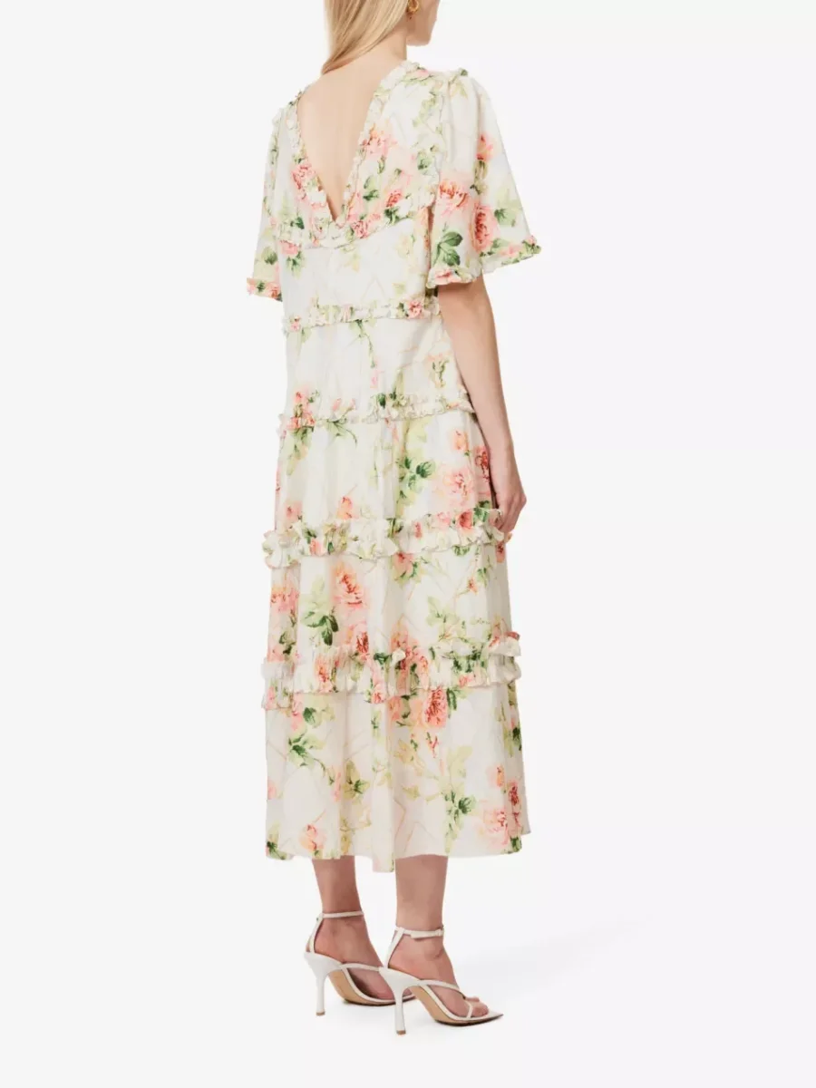 NEEDLE AND THREAD Harlequin Rose Floral Print Ruffle Flutter Sleeve Midi Dress - Imagen 4