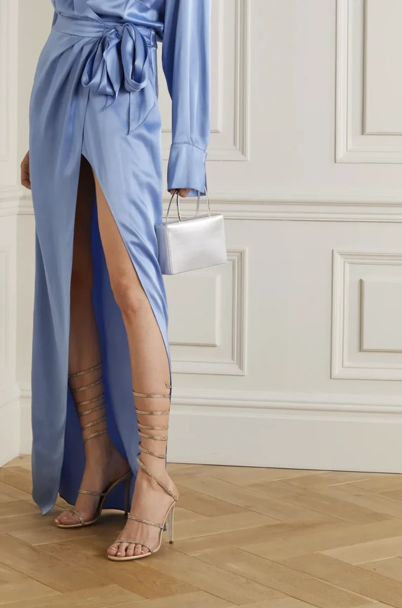 DAVID KOMA Blue Satin Wrap V-Neck Gown Dress - Imagen 5