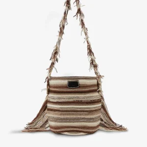 Chloe Jorge Striped Fringed Boho Cashmere Woven Bucket Tote Bag