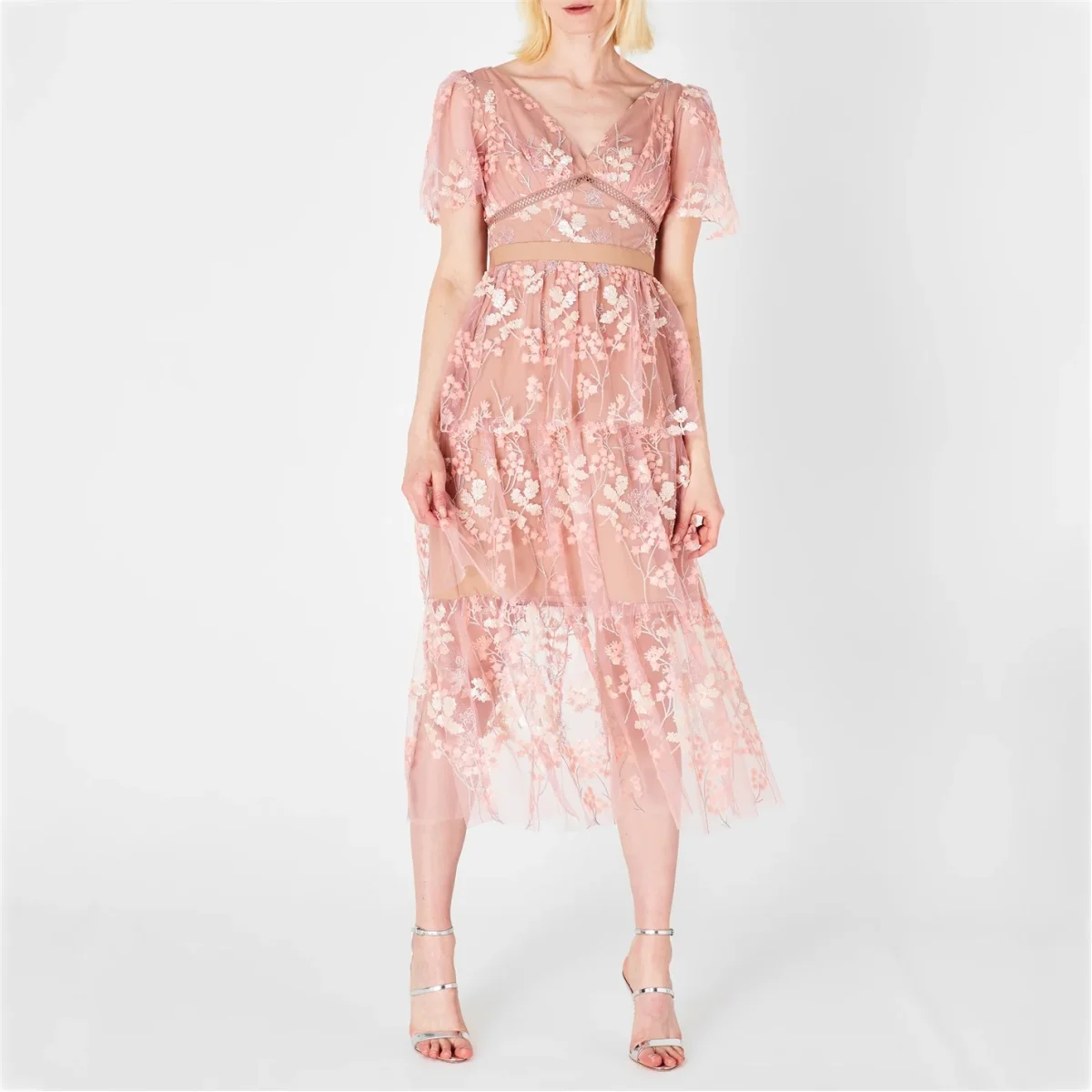 Self-Portrait Pink Flower Mesh Tiered Midi Dress - Imagen 7