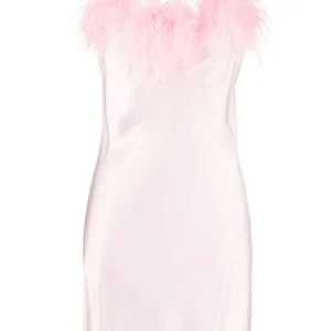 SLEEPER Boheme Pink Feather-Trim Slip Mini Dress