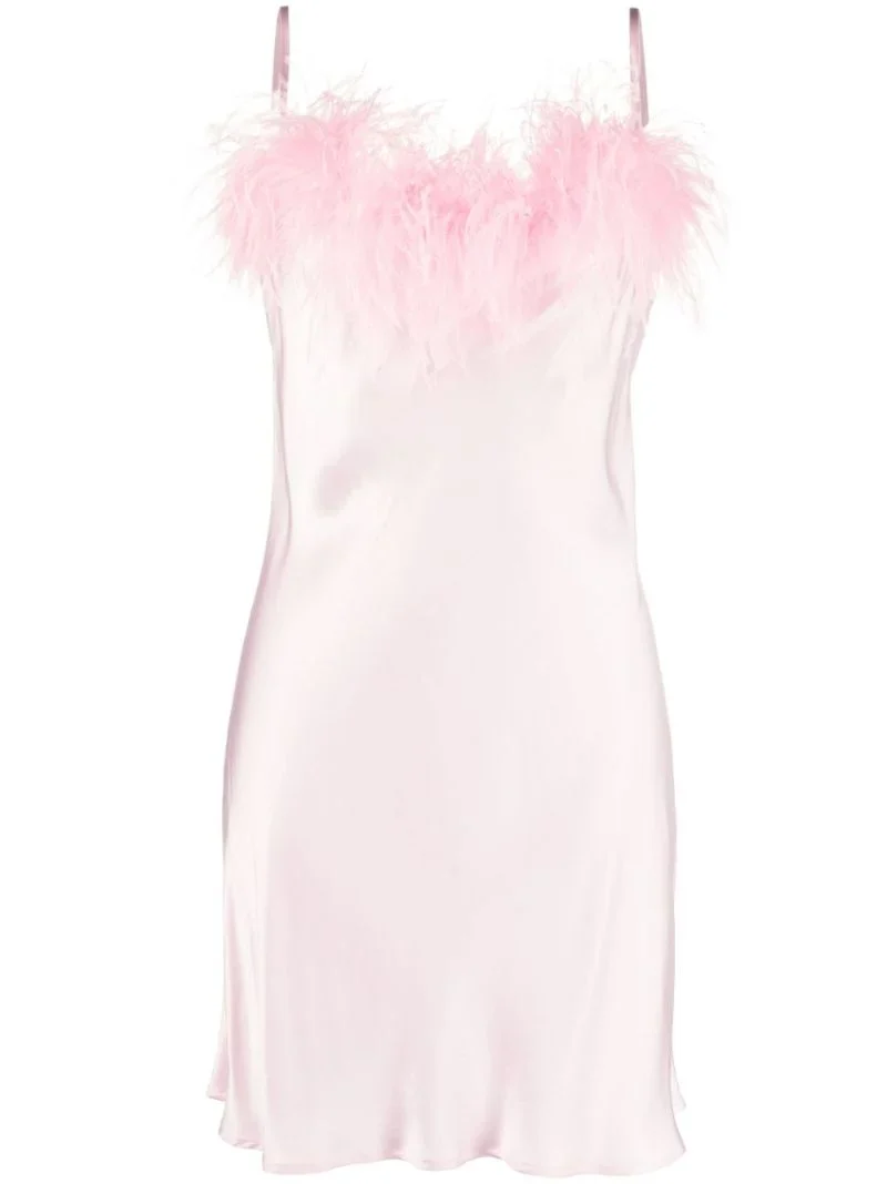 SLEEPER Boheme Pink Feather-Trim Slip Mini Dress - Imagen 2