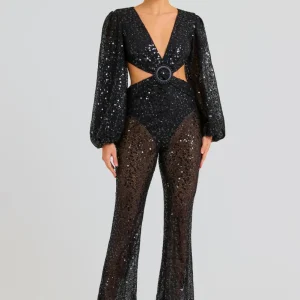 Nadine Merabi Black Madison Sequin Net Embellished Detail Cut-Out Jumpsuit