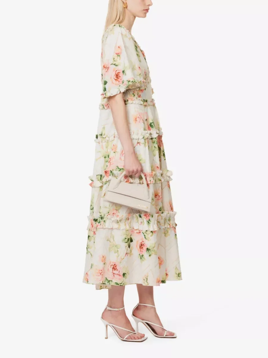 NEEDLE AND THREAD Harlequin Rose Floral Print Ruffle Flutter Sleeve Midi Dress - Imagen 5