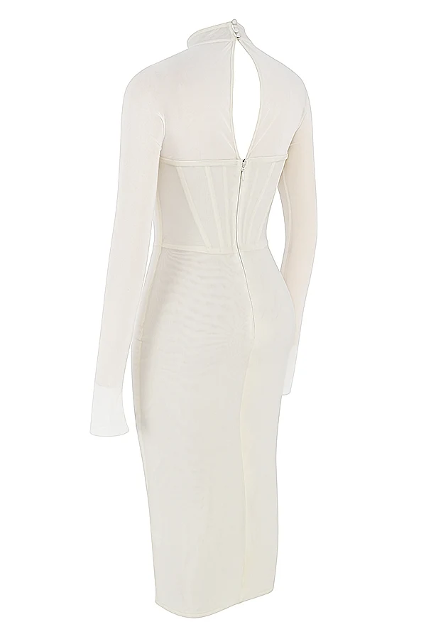 House Of CB Millarose White Mesh Corset Long Sleeve Collared Open Front Midi Dress - Imagen 4