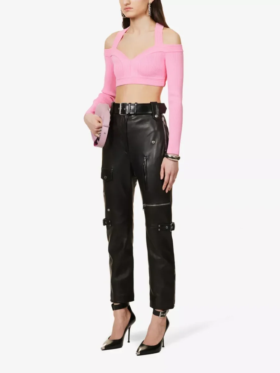 Alexander McQueen Pink Sweetheart Neck Cropped Rib Knit Long Sleeve Top - Imagen 4