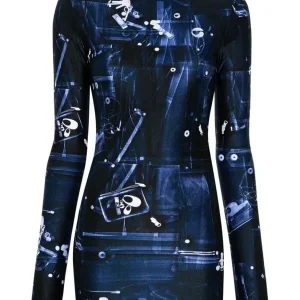 Coperni X-Ray Blue Print Logo Front Long Sleeve High Neck Mini Dress