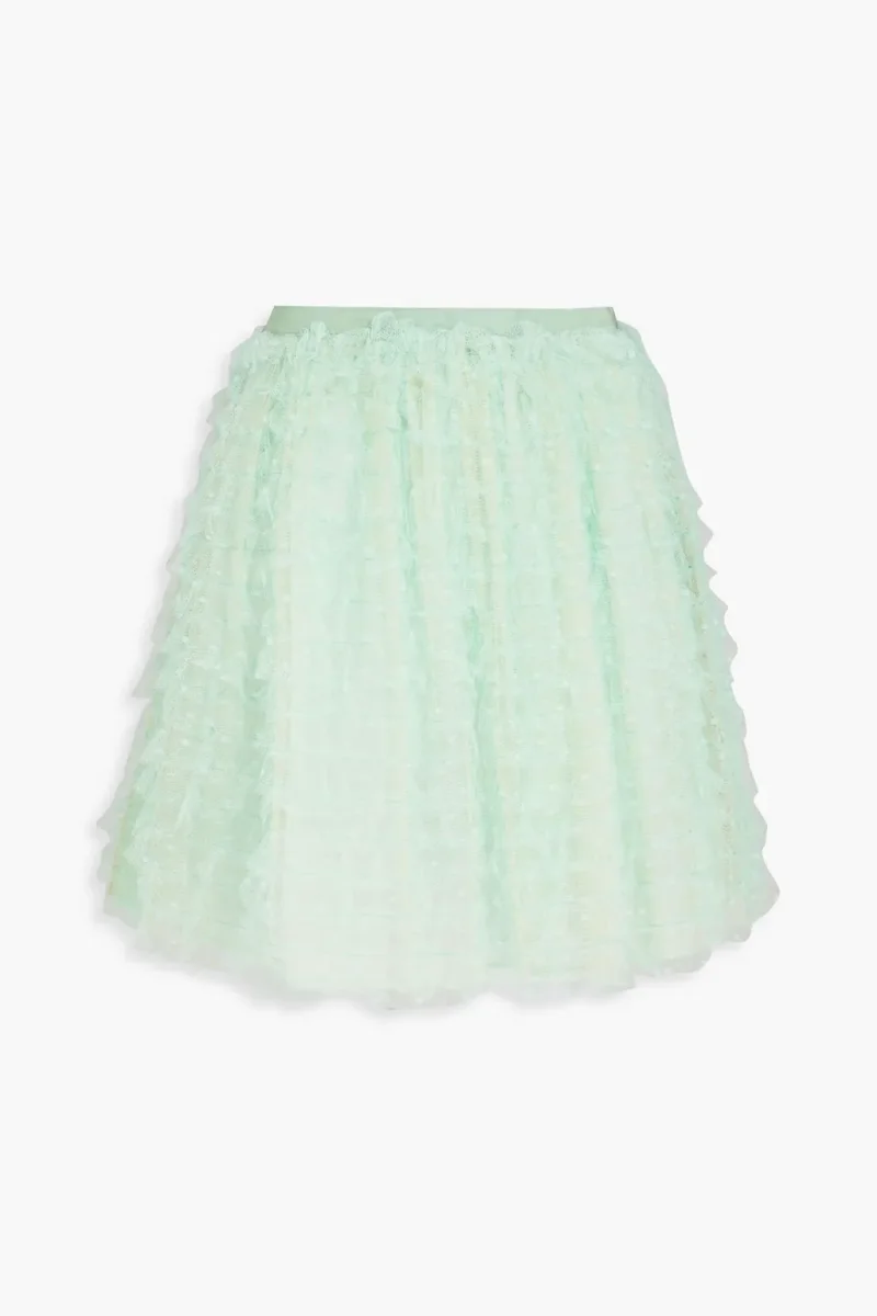 Red Valentino Green Point D’esprit Tulle Ruffle Lace Mini Skirt