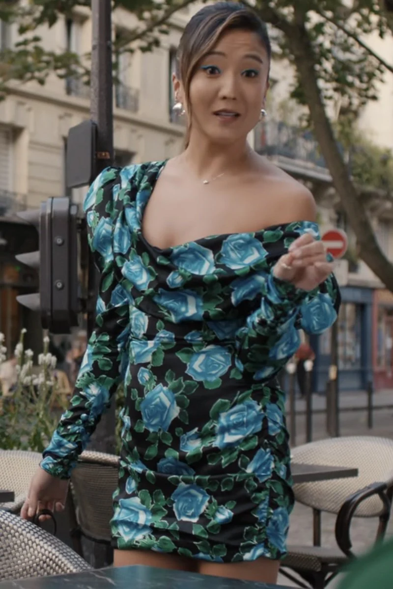ALESSANDRA RICH Draped Floral Print Black Blue Silk Satin Mini Dress - Imagen 3
