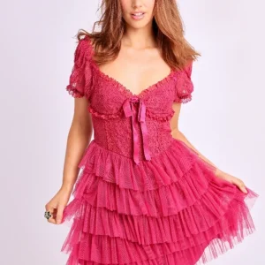 Amy Jane London Red Bow Front Sweetheart Neck Lace Mini Sofia Dress