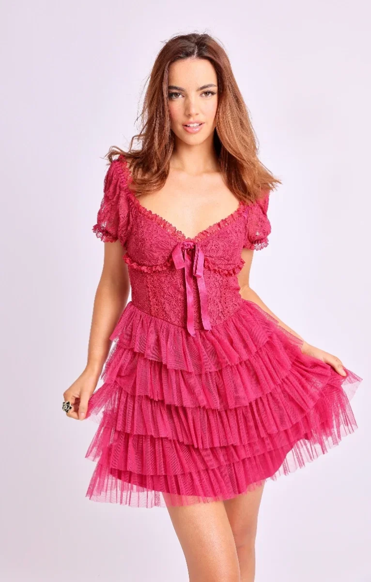 Amy Jane London Red Bow Front Sweetheart Neck Lace Mini Sofia Dress