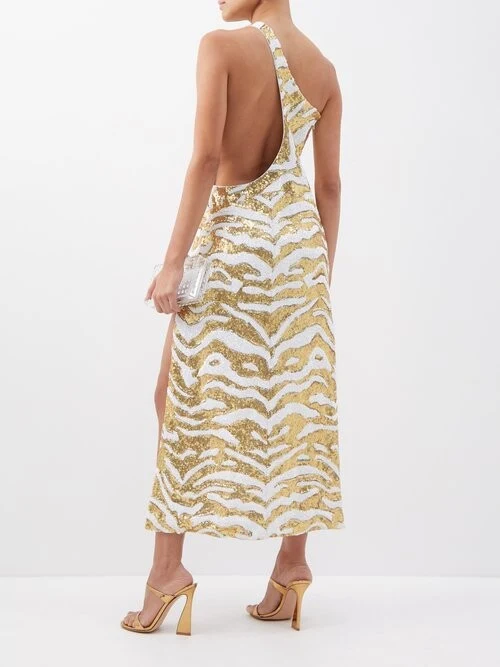 Halpern Tiger Gold White Full Sequinned One Shoulder 70s Disco Party Midi Dress - Imagen 3