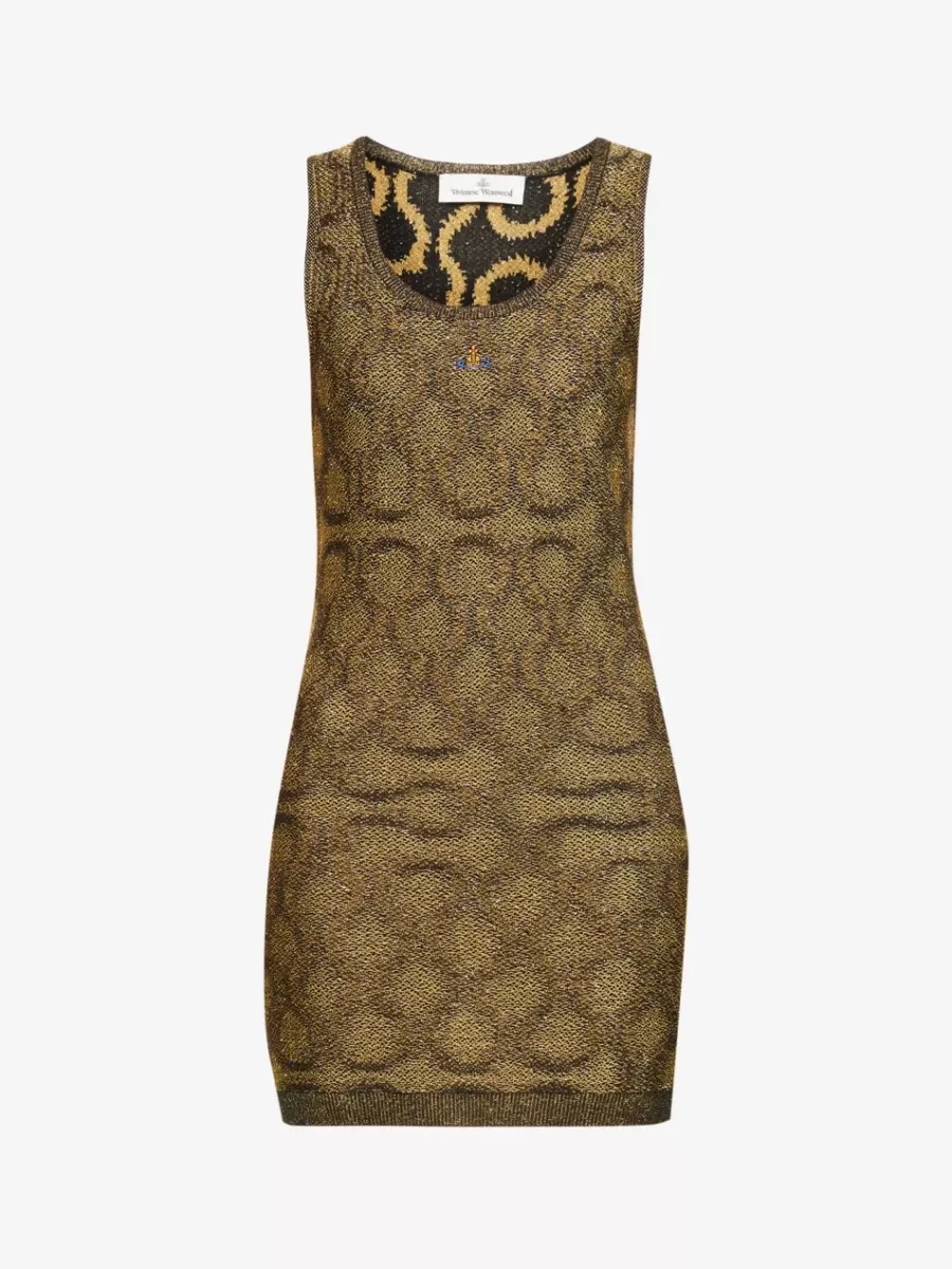 Vivienne Westwood Squiggle Print Knit Black Gold Metallic Mini Dress - Imagen 2