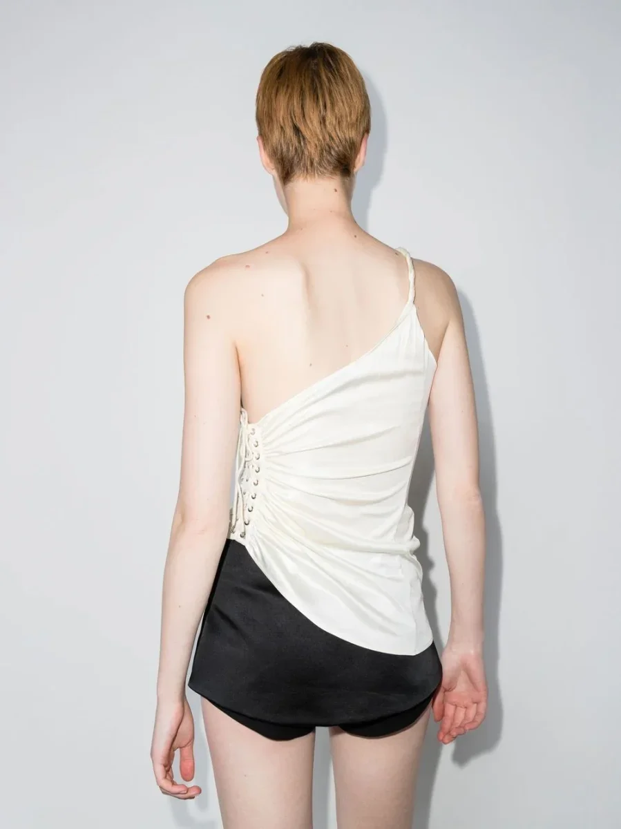 LUDOVIC DE DAINT SERNIN White Asymmetric Lace-Up Side Silk-Jersey Top - Imagen 6