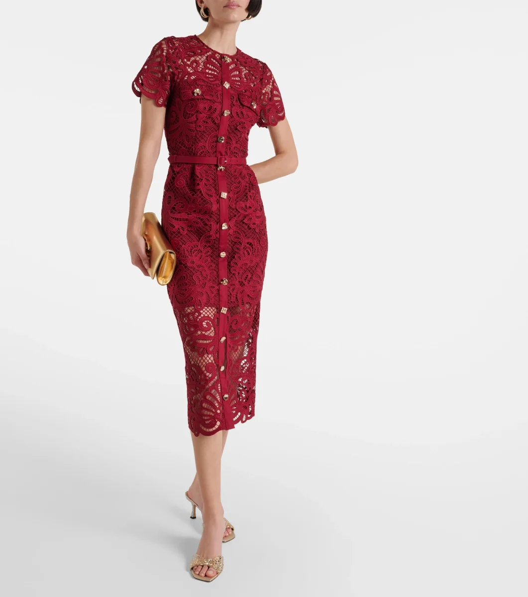 Self-Portrait Red Guipure Lace Gold Button Detail Midi Dress - Imagen 3