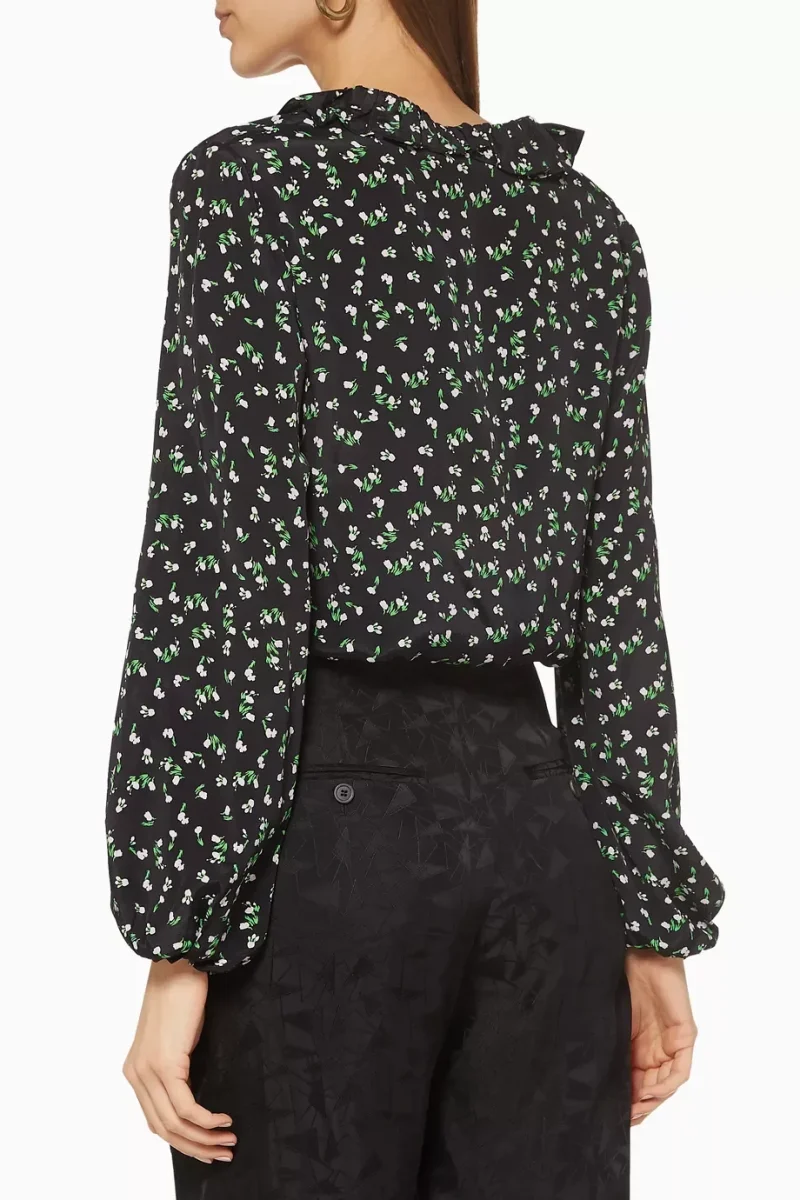 Rixo London Kym Floral Woven Ruffle Neck Long Sleeve Blouse Top - Imagen 5