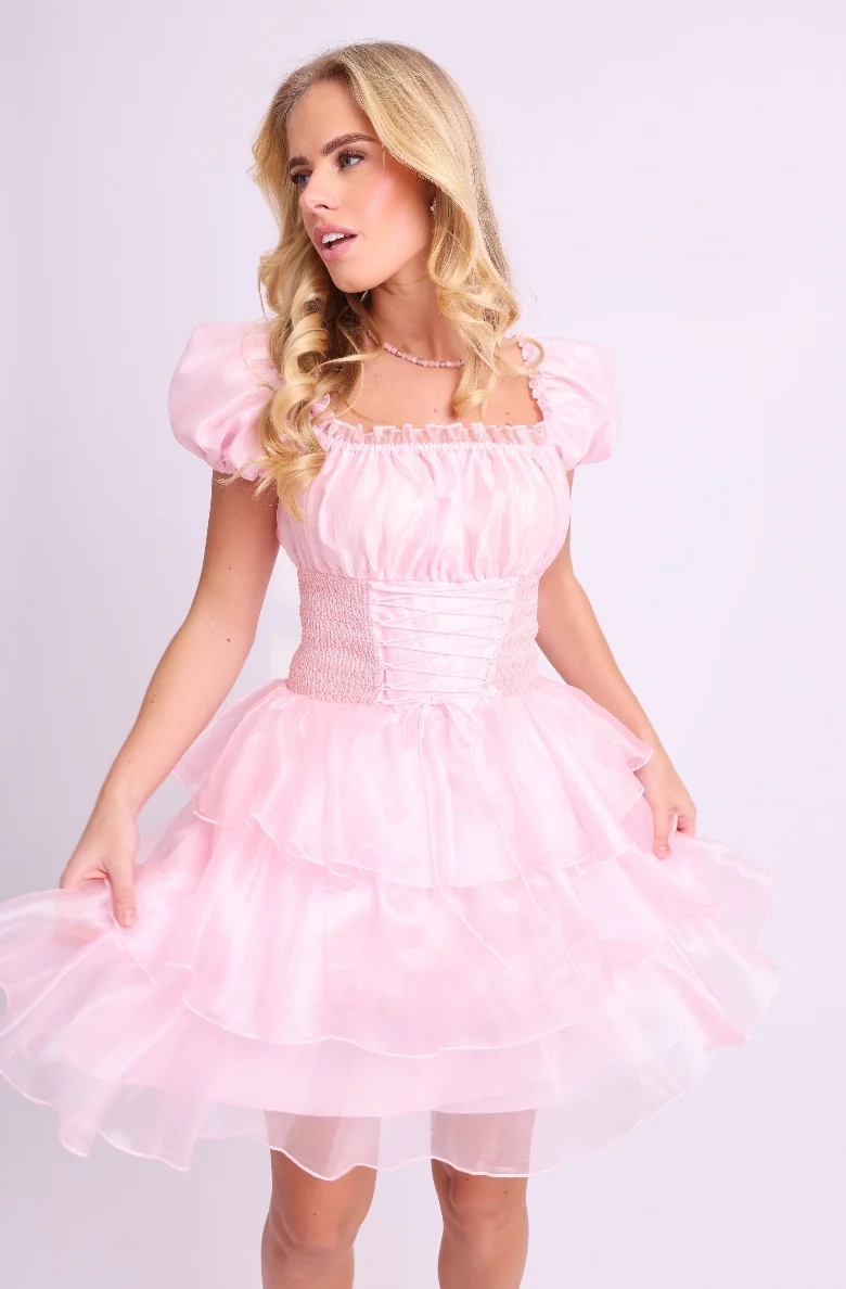 Amy Jane London Pink Arabella Organza Puff Sleeve Corset Bodice Prairie Mini Dress - Imagen 5