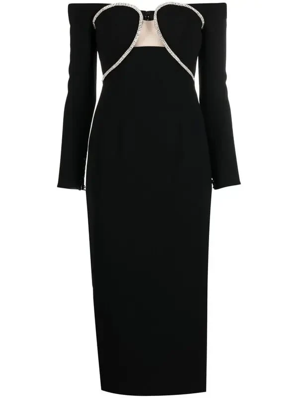 Self-Portrait Black Crepe Crystal Embellished Midi Dress - Imagen 2