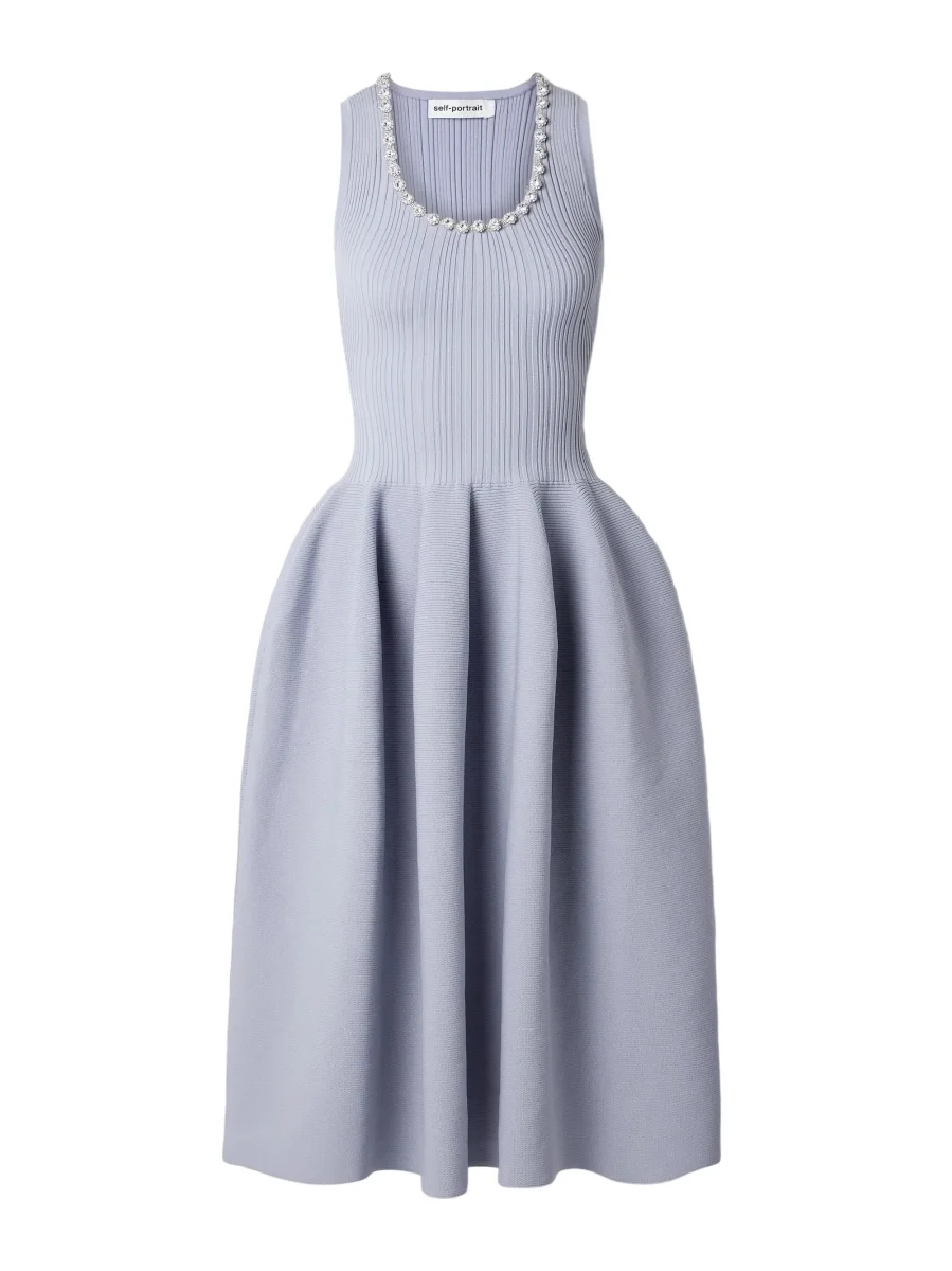 Self-Portrait Light Blue Crystal Embellished Ribbed Stretch Knit Midi Dress - Imagen 4