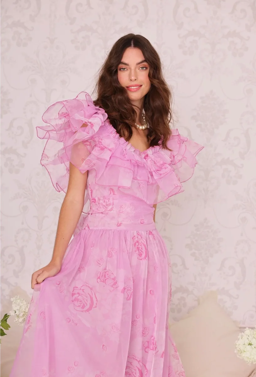 Amy Jane London Pink Aurora Fairytale Organza Floral Ruffle Neck Whimsy Gown - Imagen 5
