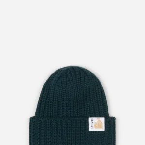 Lanvin Green Logo Tab Ribbed Knit Wool Beanie Hat