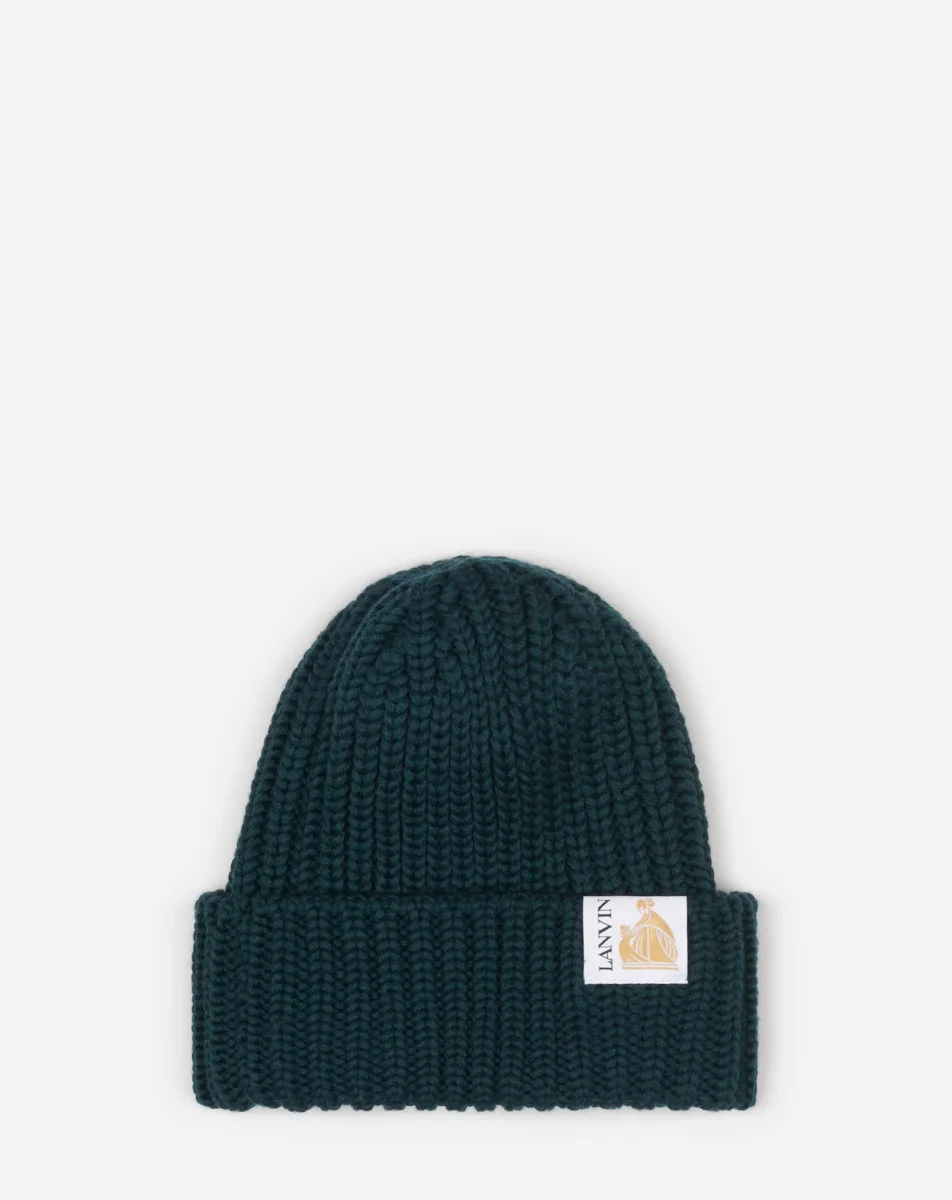 Lanvin Green Logo Tab Ribbed Knit Wool Beanie Hat - Imagen 2