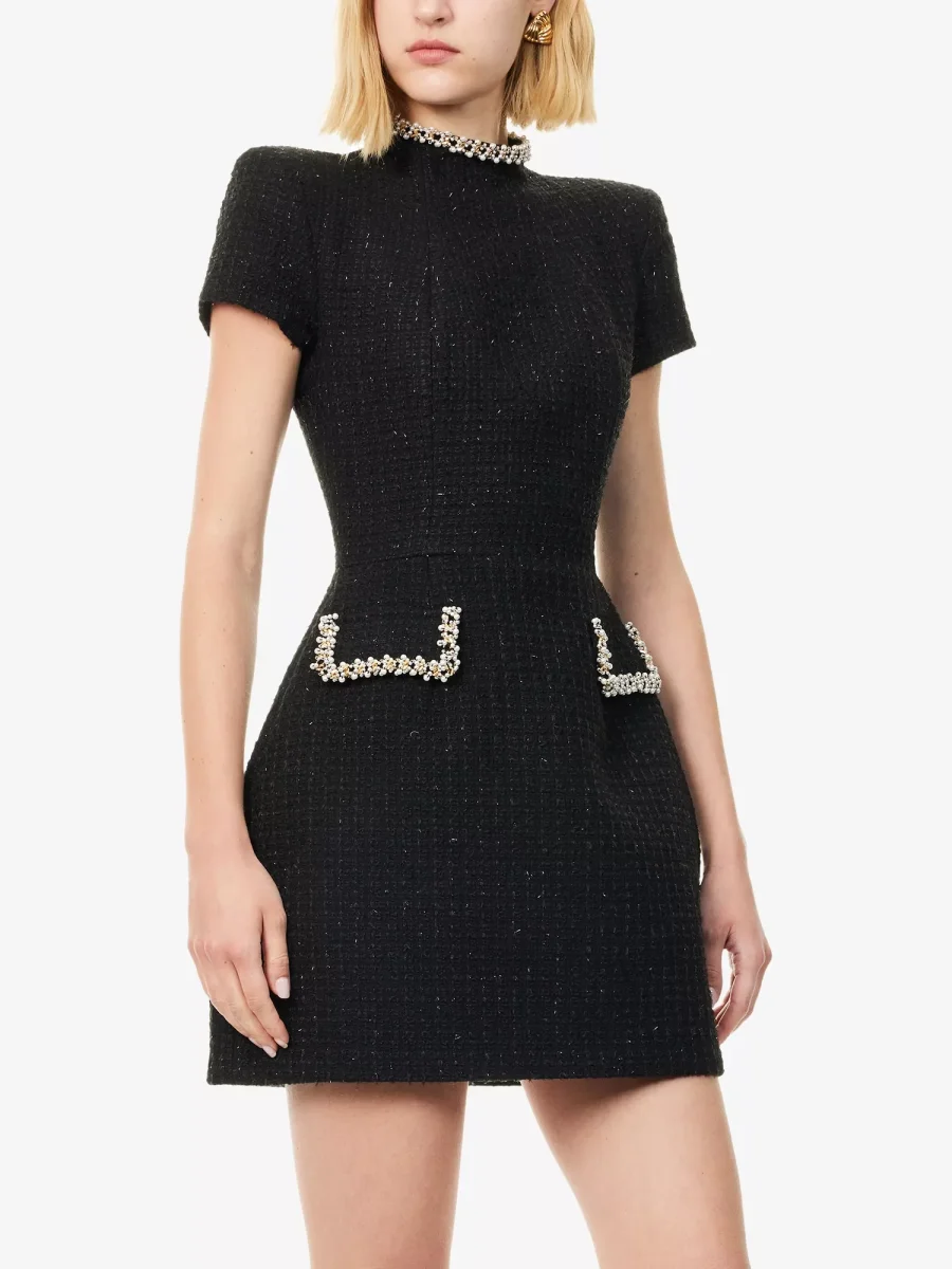 Nadine Merabi Black Tweed Simone Round-Neck Knitted Mini Dress - Imagen 3