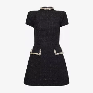 Nadine Merabi Black Tweed Simone Round-Neck Knitted Mini Dress