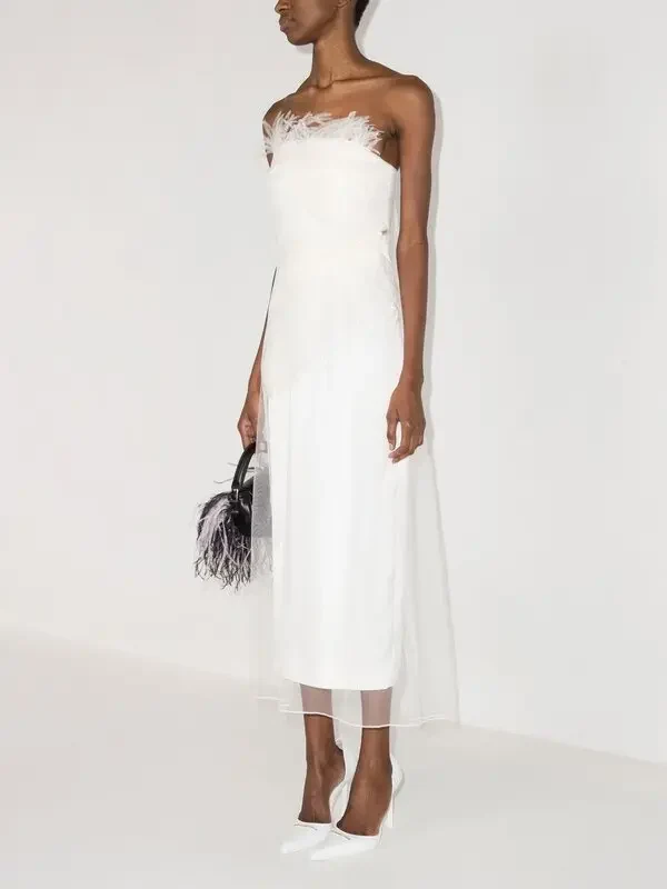 16ARLINGTON Ivory White Minelli Feather Trim Crepe Lace Overlay Strapless Wedding Dress - Imagen 7
