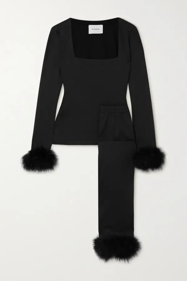Sleeper The Weekend Chic Black Feather-Trim Pyjama Set