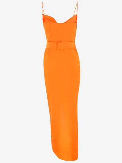 ALESSANDRA RICH Orange Silk Satin Charmeuse Ruched Slit Leg Spaghetti Strap Evening Dress - Imagen 6