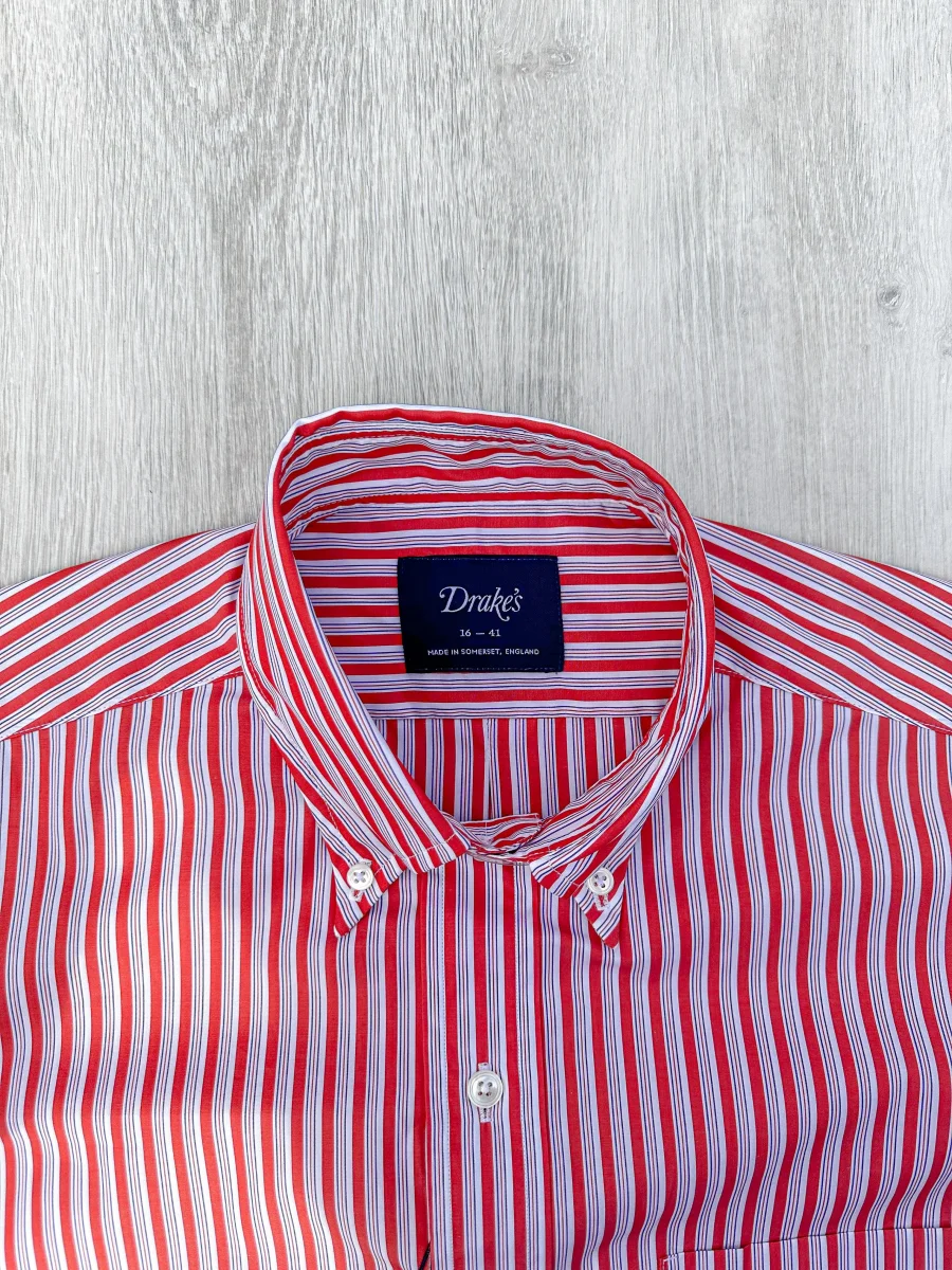 Drake's Red White Cotton Poplin Striped Shirt - Imagen 4