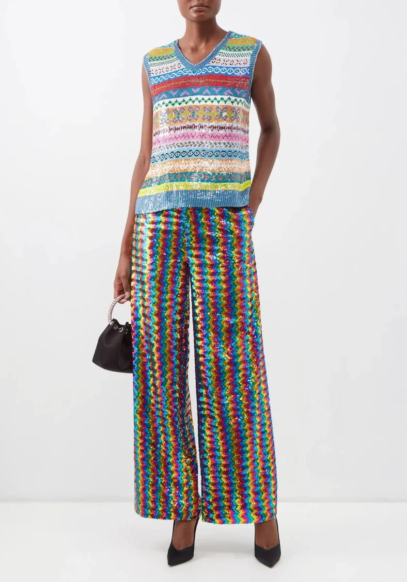 Ashish Sequinned Embellished Rainbow Chevron Georgette Trousers - Imagen 3