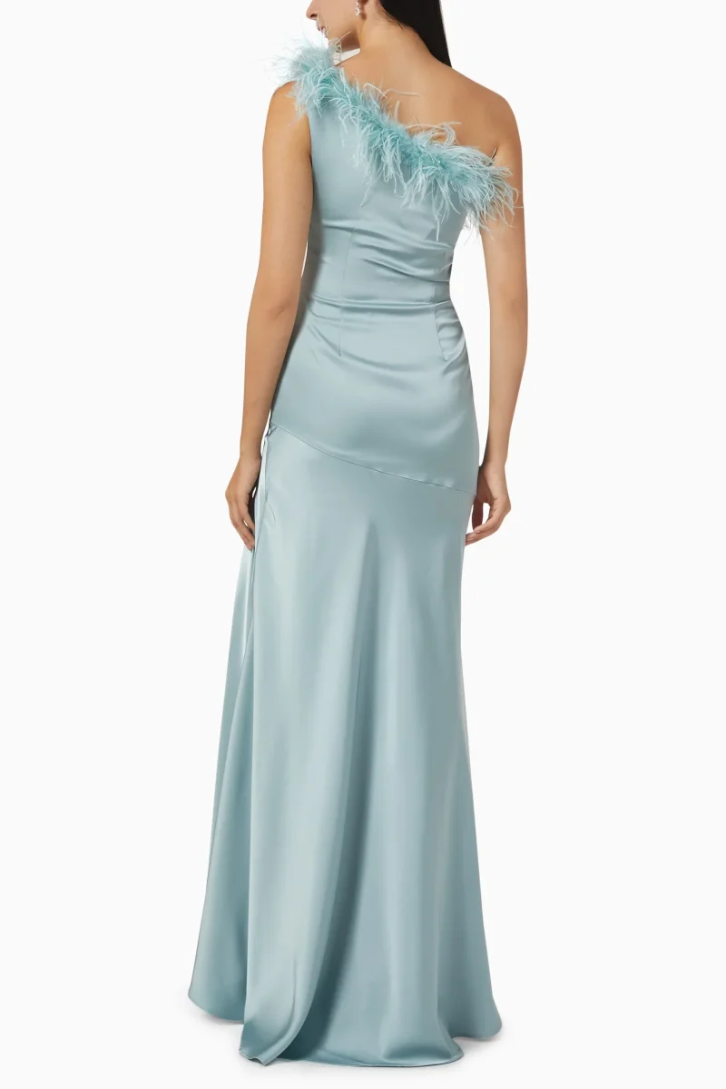 De La Vali Blue Satin Finca Feather Trim One Shoulder Gown Dress - Imagen 7