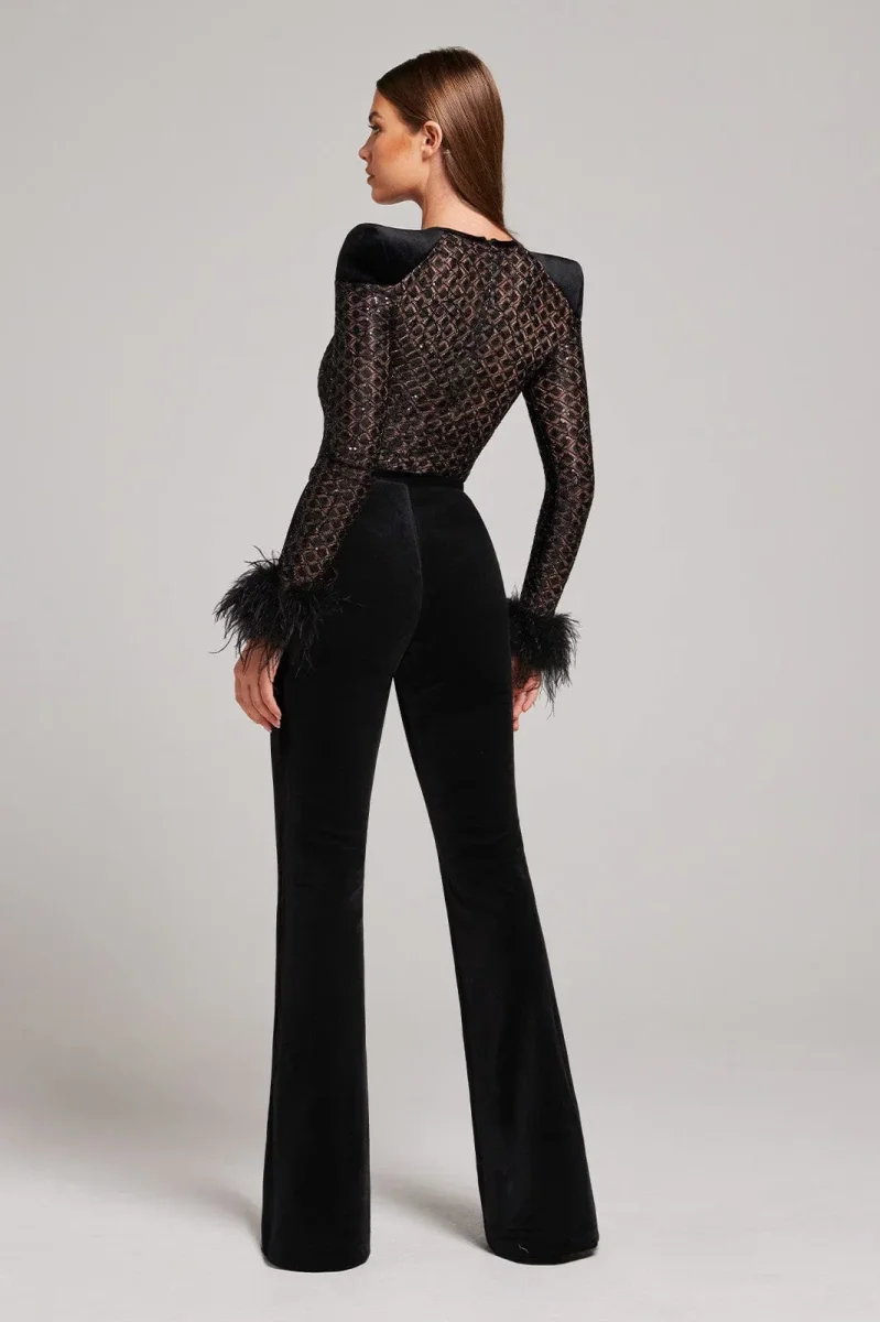 NADINE MERABI Black Monique Sequinned Lace Detail Feather Cuff Jumpsuit - Imagen 9