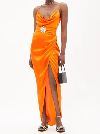 ALESSANDRA RICH Orange Silk Satin Charmeuse Ruched Slit Leg Spaghetti Strap Evening Dress - Imagen 4