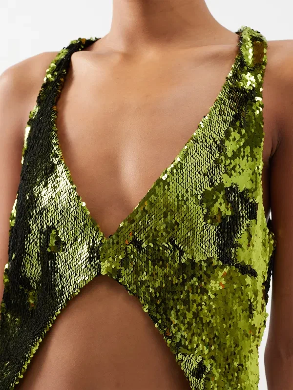 Marques Almeida Green Cutout-Back Sequinned Party Crop Top - Imagen 3